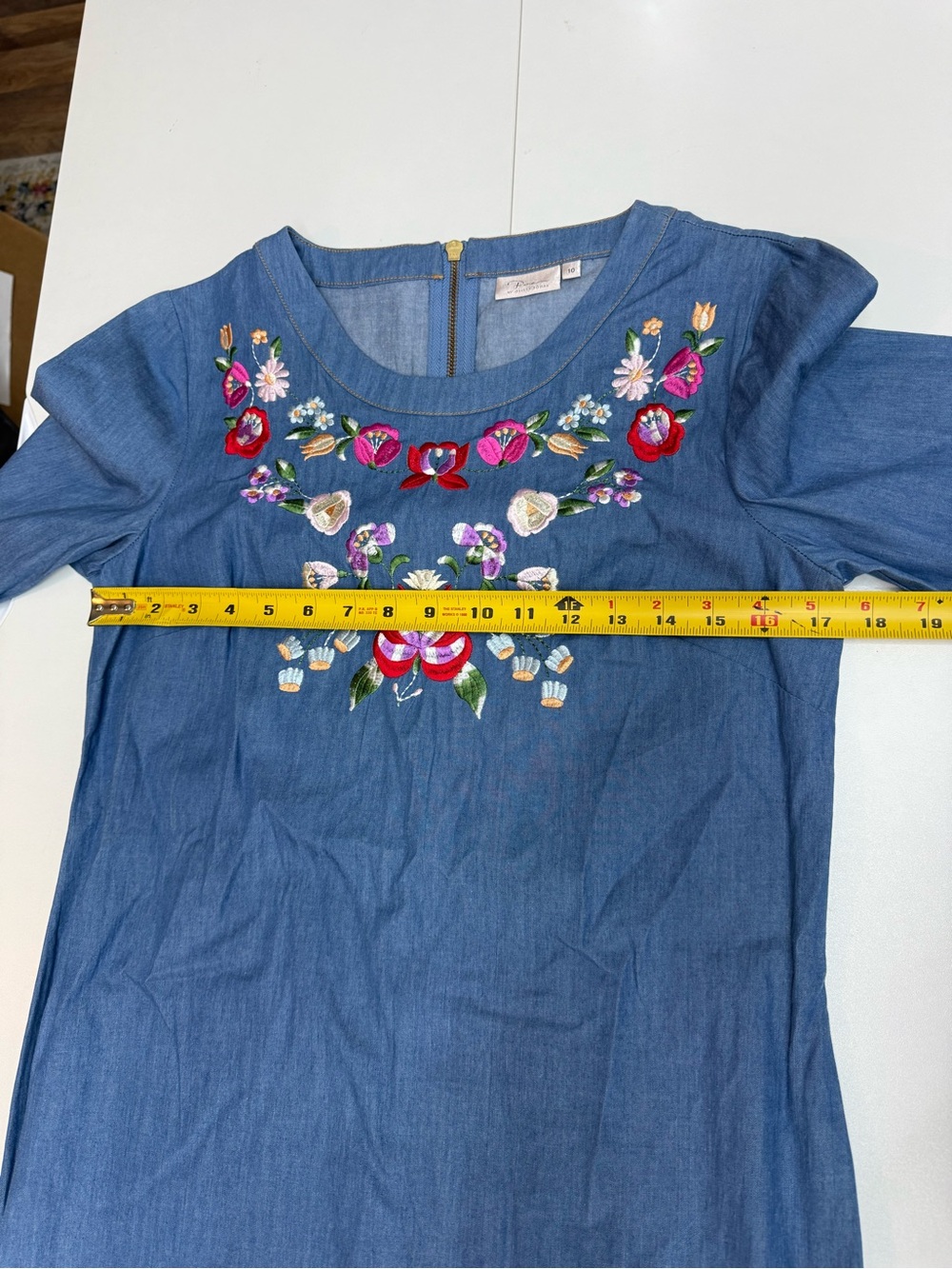 Poem by Oliver Bonas floral embroidered chambray denim shift dress size 10 - Picture 8 of 12